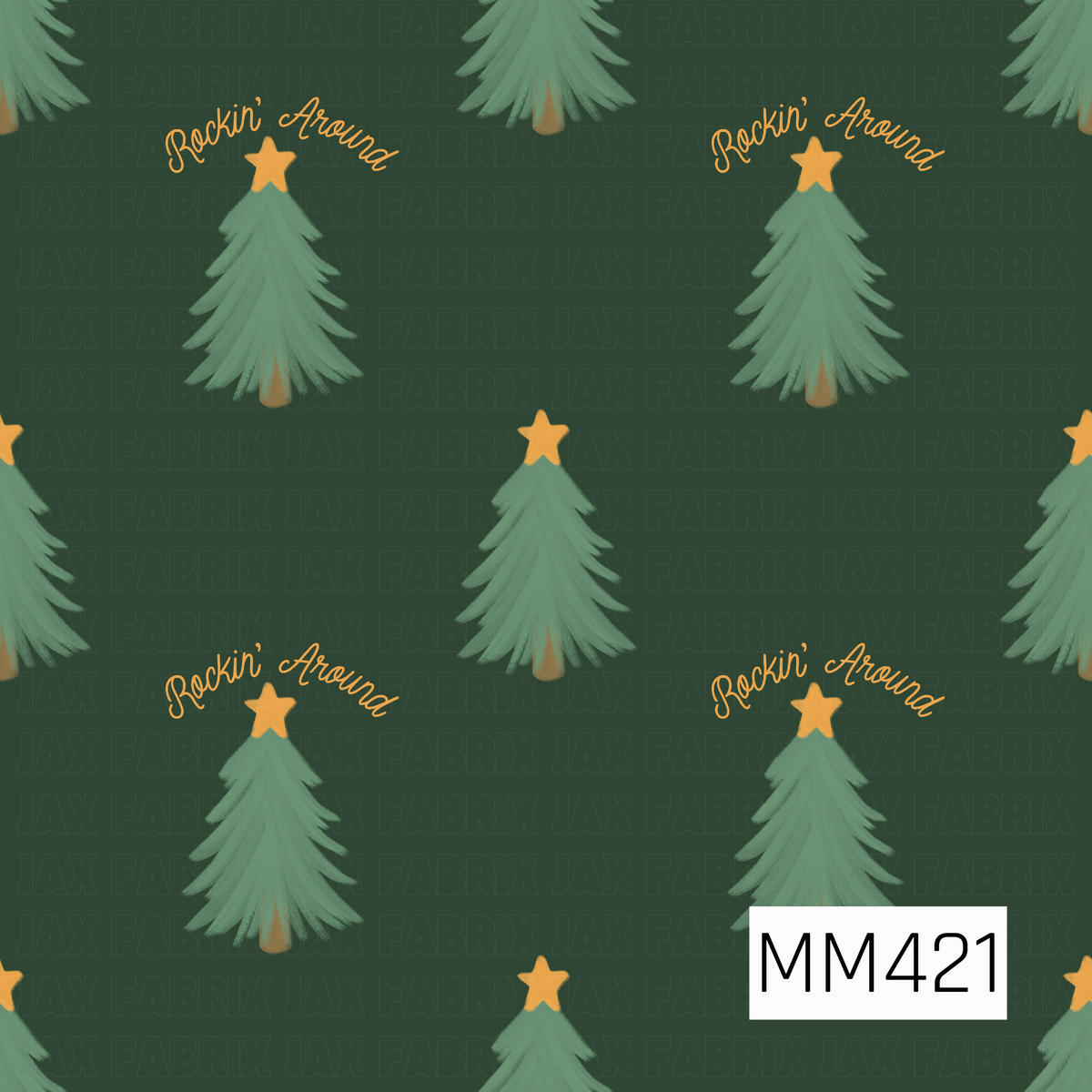 A festive Christmas pattern featuring soft sage green trees topped with golden stars and the phrase “Rockin’ Around” in playful golden script. Set against a deep forest green background, the hand-painted style gives the design a cozy, retro holiday feel.
