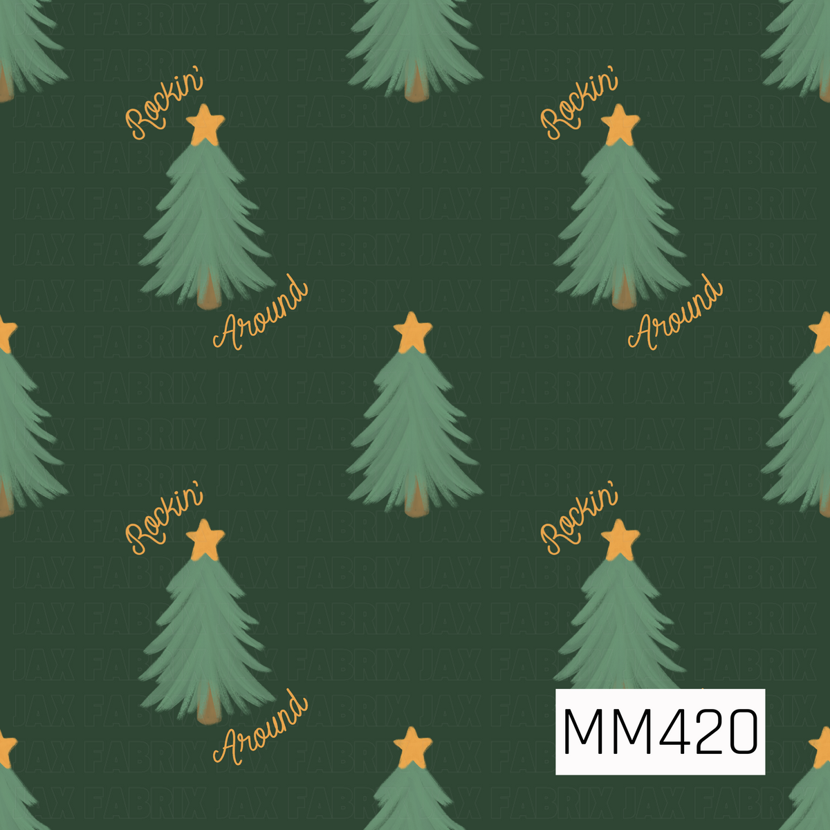 A festive hand-painted Christmas pattern featuring soft sage green trees topped with golden stars on a deep forest green background. Playful golden script reading “Rockin’” and “Around” is scattered between the trees, giving the design a fun retro holiday feel.
