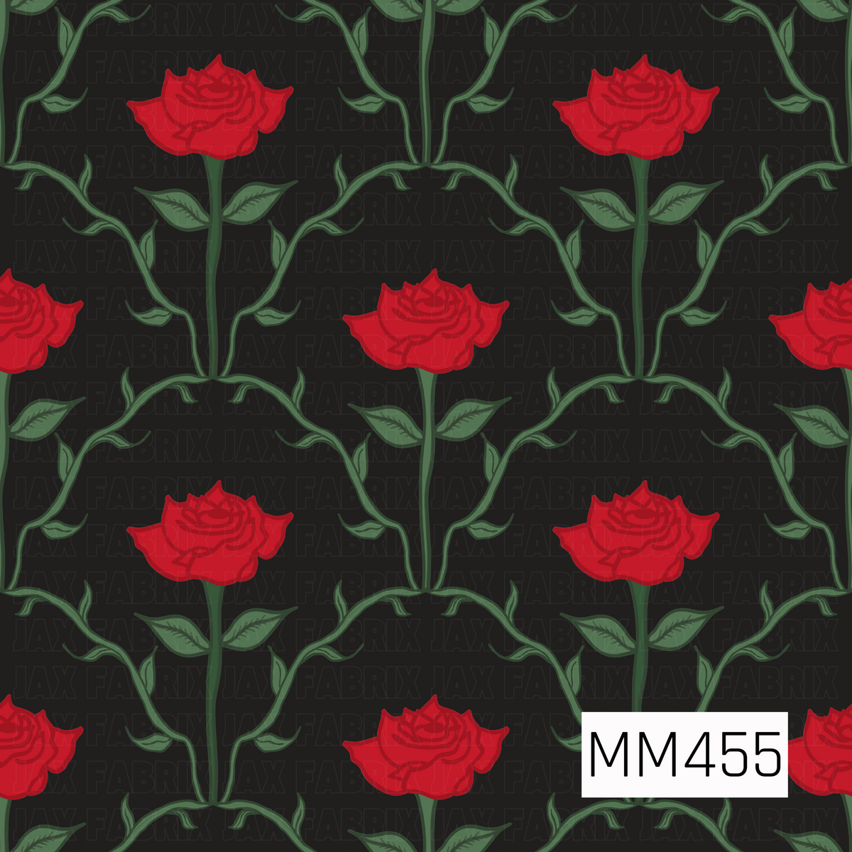 A dramatic vintage floral pattern featuring bold red roses on tall dark green stems, surrounded by curling leafy vines that form elegant repeating arches. The deep black background makes the rich red blooms and muted green foliage stand out, giving the design a romantic, moody garden feel with a classic retro influence.