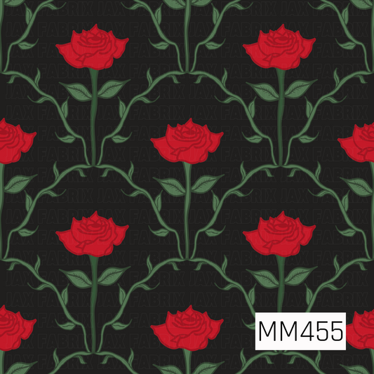 A dramatic vintage floral pattern featuring bold red roses on tall dark green stems, surrounded by curling leafy vines that form elegant repeating arches. The deep black background makes the rich red blooms and muted green foliage stand out, giving the design a romantic, moody garden feel with a classic retro influence.
