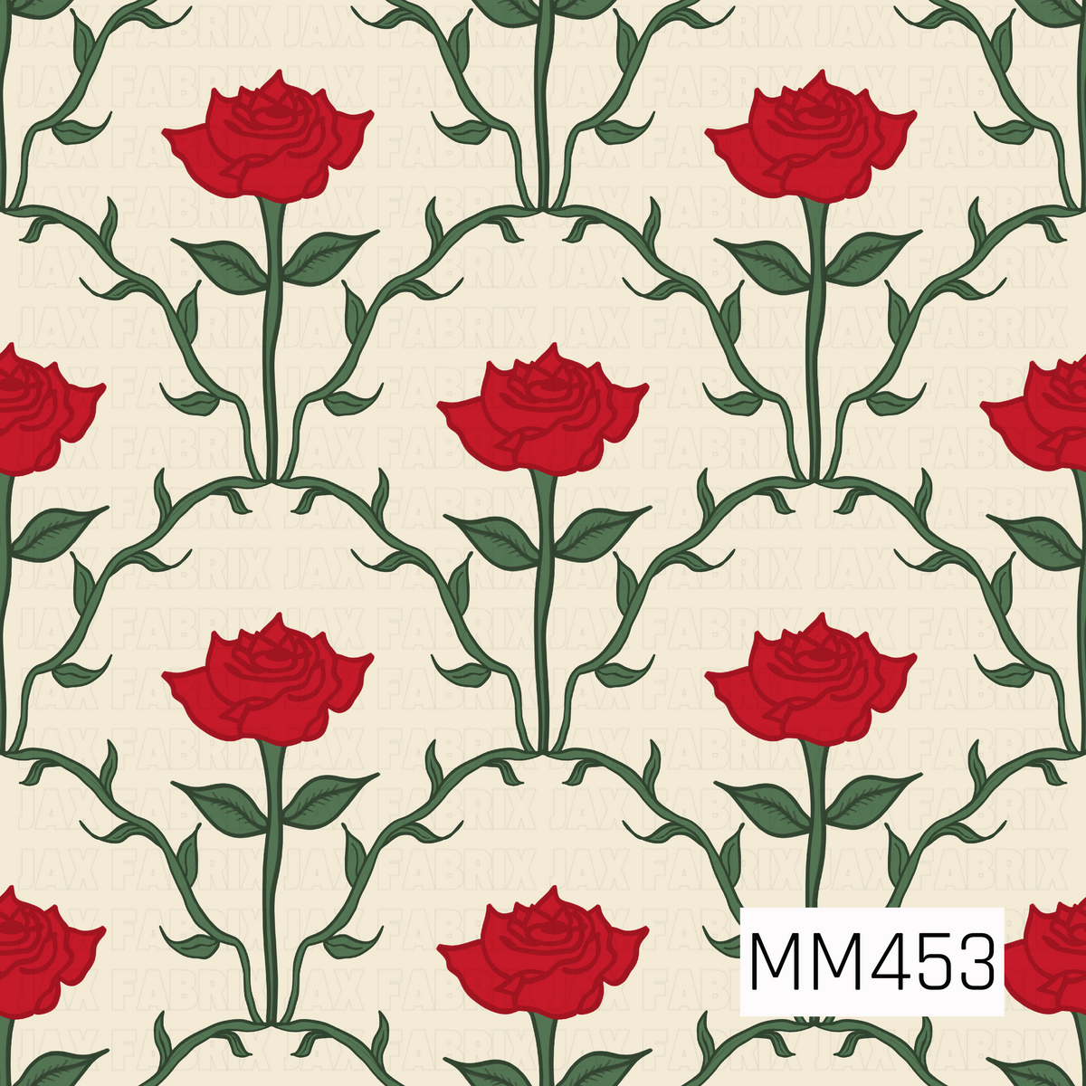 A bold vintage floral pattern featuring rich red roses blooming from tall dark green stems with classic pointed leaves. Flowing leafy vines curve and connect throughout the design, forming elegant scalloped arches around each rose. The warm cream background softens the deep reds and greens, giving the pattern a romantic, slightly retro wallpaper-inspired look.