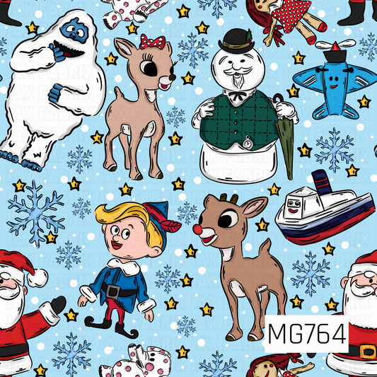 A playful vintage-inspired Christmas design featuring adorable red-nosed reindeer, a fluffy snow monster, a cheerful snowman, Santa Claus, a festive little elf, and whimsical holiday toys. Scattered blue snowflakes, white snow dots, and bright yellow stars decorate a soft icy blue background. Bold black outlines and colorful cartoon illustrations give this pattern a fun, nostalgic holiday feel.
