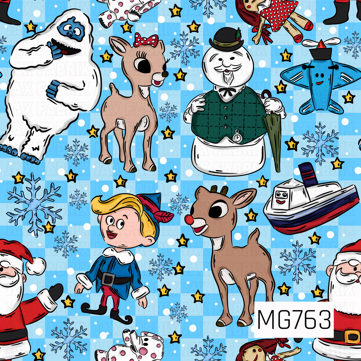 A playful vintage-inspired Christmas design featuring adorable red-nosed reindeer, a fluffy snow monster, a cheerful snowman, Santa Claus, a festive elf, and whimsical holiday toys. Scattered blue snowflakes, white snow dots, and yellow stars fill a bright blue checkered background. Bold black outlines and colorful cartoon illustrations give this pattern a fun, nostalgic holiday feel.