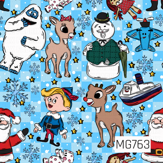 A playful vintage-inspired Christmas design featuring adorable red-nosed reindeer, a fluffy snow monster, a cheerful snowman, Santa Claus, a festive elf, and whimsical holiday toys. Scattered blue snowflakes, white snow dots, and yellow stars fill a bright blue checkered background. Bold black outlines and colorful cartoon illustrations give this pattern a fun, nostalgic holiday feel.