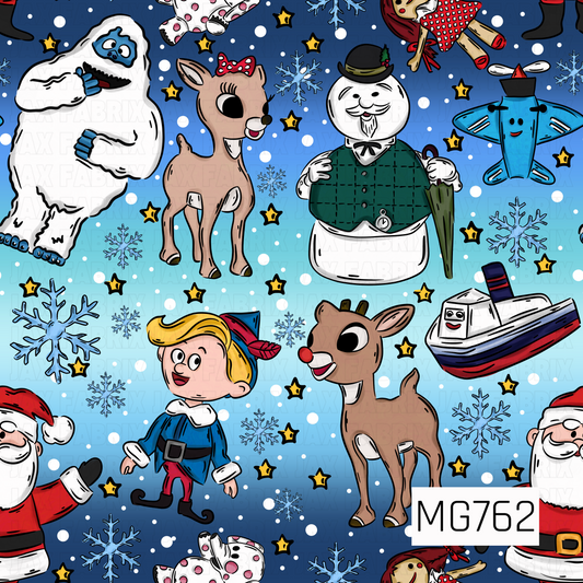 A playful vintage-inspired Christmas design featuring adorable holiday characters, including red-nosed reindeer, a fluffy snow monster, a cheerful snowman, Santa Claus, a festive little elf, and whimsical winter toys. Scattered blue snowflakes, white snow dots, and yellow stars decorate a beautiful gradient background transitioning from deep navy blue to bright icy blue and turquoise. Bold black outlines and colorful cartoon details give this design a fun, nostalgic holiday feel.