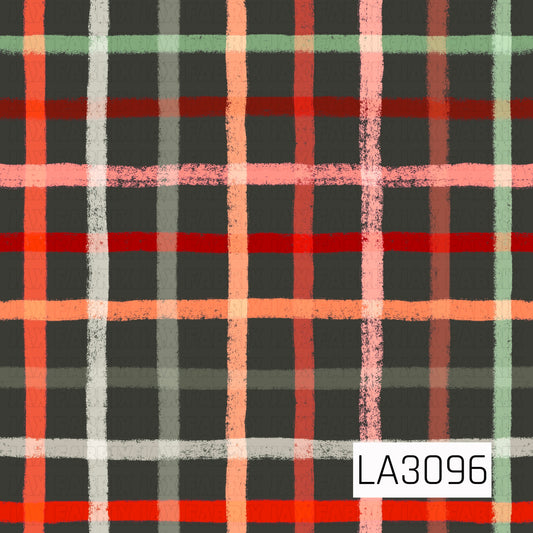 A rustic hand-painted plaid featuring a deep charcoal background with layered stripes in coral, burnt orange, soft pink, sage green, cream, and muted red. The rough, textured brushstrokes give the pattern a cozy, artistic feel with a warm earthy color palette.
