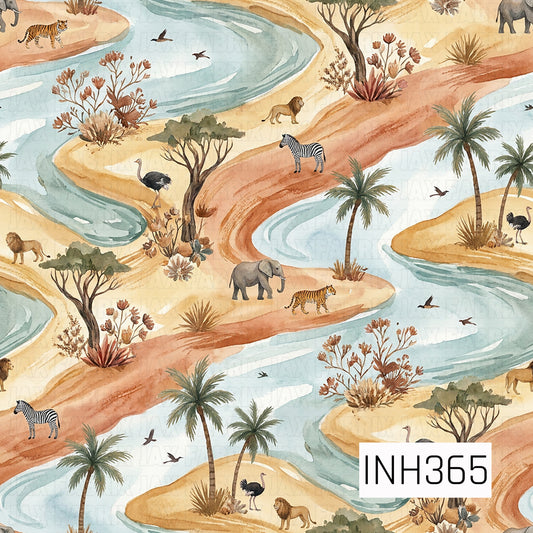 A seamless watercolor pattern featuring a peaceful safari landscape with winding blue rivers, sandy paths, acacia trees, palm trees, and native wildlife. Lions, elephants, zebras, tigers, ostriches, and birds are scattered throughout the scenic design in soft earthy tones of tan, terracotta, sage green, and sky blue, creating a tranquil, nature-inspired look.
