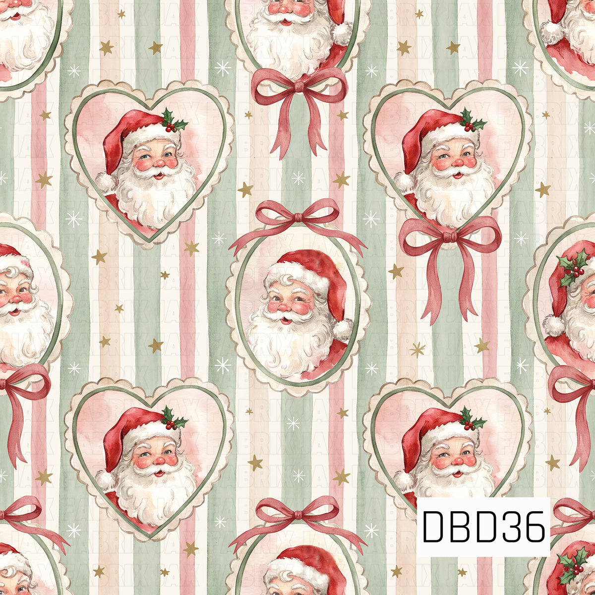 A charming vintage Christmas pattern featuring watercolor Santa portraits nestled inside scalloped heart and oval frames, accented with sage green borders and dusty rose ribbon bows. Soft vertical stripes in muted sage, blush pink, and warm cream create a cozy backdrop, while scattered golden stars, delicate white snowflakes, and tiny holly details add a festive touch. The nostalgic illustrations and muted holiday colors give this design a sweet, timeless Christmas feel.