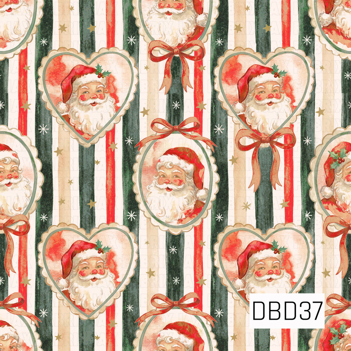 A nostalgic vintage Christmas pattern featuring watercolor Santa portraits inside scalloped heart and oval frames, accented with muted green borders and rustic red ribbon bows. Bold vertical stripes in deep forest green, vintage red, and warm cream create a classic holiday backdrop, while scattered golden stars, delicate white snowflakes, and holly accents add festive charm. The rich, slightly distressed colors give this design a cozy, old-fashioned Christmas feel.
