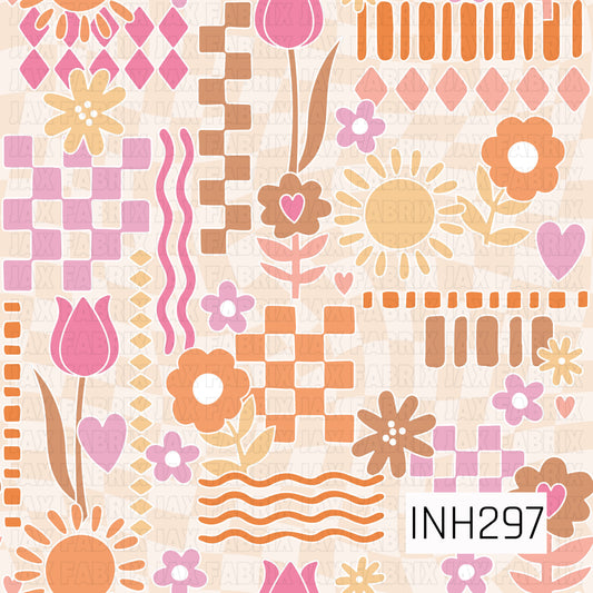 pattern of a mix of check, flowers, sun, hearts on the colors orange, pink , purple, brown, yellow. 