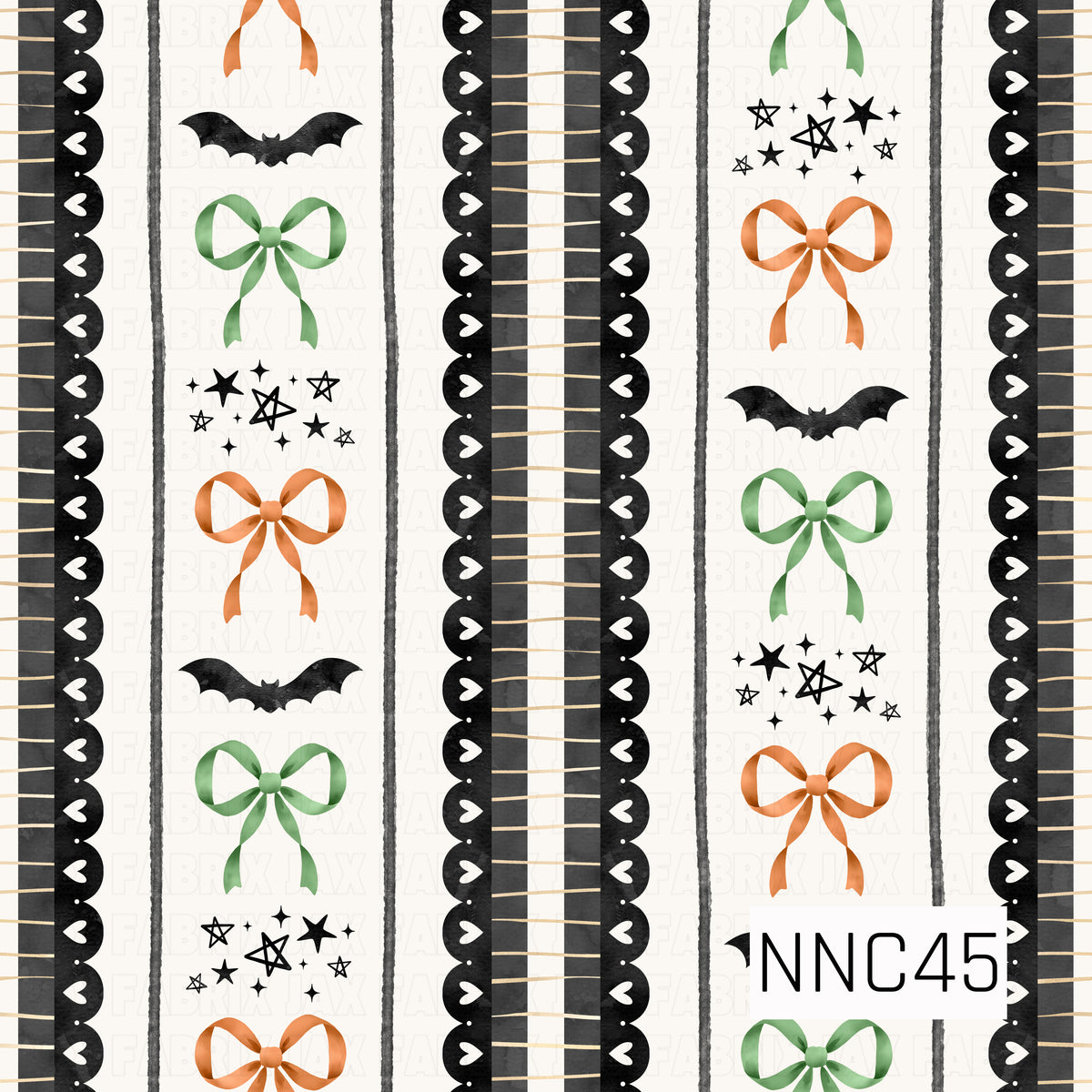 A whimsical Halloween stripe pattern featuring orange and green bows, black bats, scattered hand-drawn stars, and bold black scalloped borders with tiny heart details. Black plaid sections and warm neutral accents add a playful, slightly vintage feel to the design.
