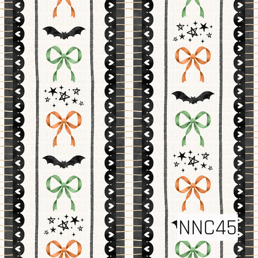A whimsical Halloween stripe pattern featuring orange and green bows, black bats, scattered hand-drawn stars, and bold black scalloped borders with tiny heart details. Black plaid sections and warm neutral accents add a playful, slightly vintage feel to the design.
