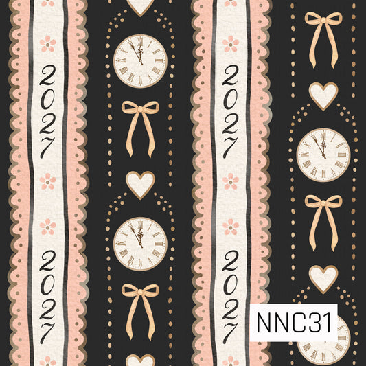 A vintage-inspired New Year pattern featuring midnight clocks, delicate bows, hearts, tiny flowers, dotted accents, and scalloped blush-and-cream “2027” panels against a dramatic black background.
