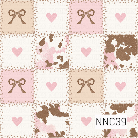 A sweet western-inspired patchwork pattern featuring soft pink hearts, brown bows, and blush-and-brown cowhide patches arranged in a playful grid. Dotted brown borders and a creamy neutral background give it a soft, hand-painted feel.
