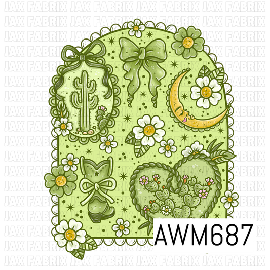 A whimsical western-inspired PNG featuring blooming cacti, a cowboy boot with a bow, golden crescent moon, oversized bows, daisies, and scattered stars. Soft sage and olive green, white, golden yellow, and touches of pink create a charming desert-inspired look.