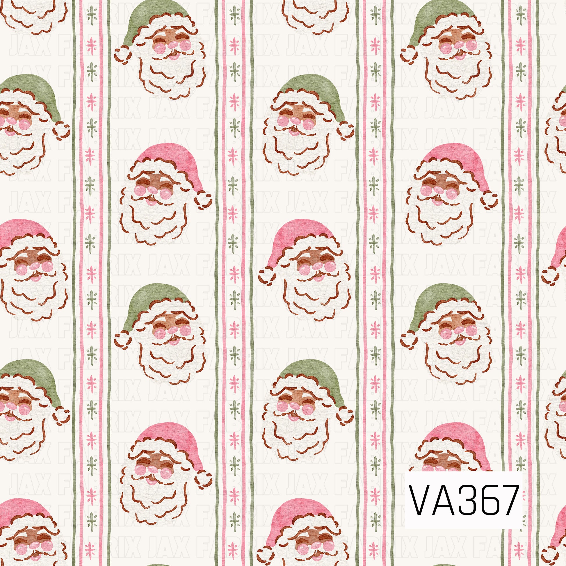 A sweet watercolor Christmas pattern featuring cheerful Santa faces in alternating pink and sage green hats. Vertical decorative stripes with tiny pink and green starbursts separate the Santas, all set against a soft cream background for a charming vintage-inspired holiday look.
