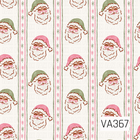 A sweet watercolor Christmas pattern featuring cheerful Santa faces in alternating pink and sage green hats. Vertical decorative stripes with tiny pink and green starbursts separate the Santas, all set against a soft cream background for a charming vintage-inspired holiday look.
