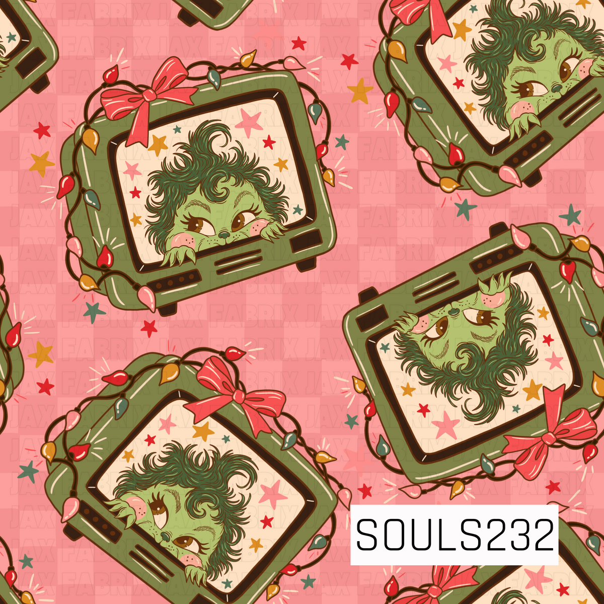 A playful retro Christmas pattern featuring a mischievous green holiday creature peeking from the screens of vintage olive-green television sets. Each TV is wrapped in strands of oversized colorful Christmas bulbs in red, pink, mustard, and green, with large pink bows tied at the top. The character features fluffy curled green hair, rosy pink cheeks, long lashes, and tiny hands gripping the edge of the screen. Colorful mid-century starbursts and scattered stars decorate the screens and rosy pink background,