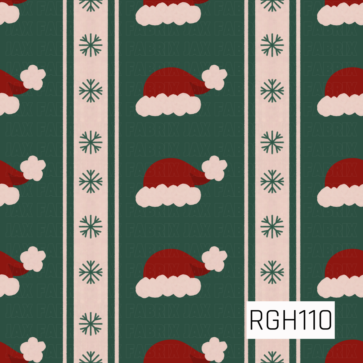 A festive Christmas pattern featuring classic red Santa hats with fluffy cream trim and pom-poms on a deep forest green background. Vertical cream stripes decorated with simple green snowflakes add a cozy, retro holiday touch.
