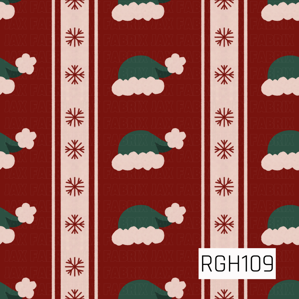A festive Christmas pattern featuring green Santa hats with fluffy cream trim and pom-poms on a deep red background. Vertical cream stripes decorated with simple red snowflakes add a cozy, retro holiday feel.
