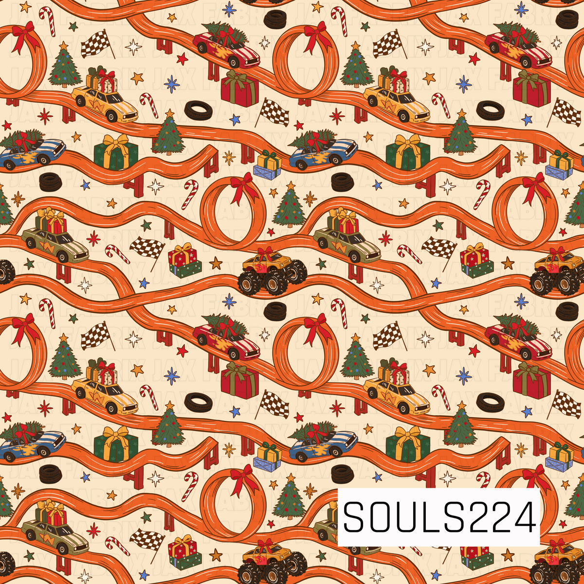 A playful retro Christmas racing pattern featuring winding bright orange racetracks with loops, curves, and elevated sections. Vintage-style race cars in pink, blue, red, olive, and golden orange speed along the tracks carrying wrapped presents and Christmas trees, alongside a festive monster truck loaded with gifts. Checkered racing flags, loose tires, candy canes, decorated Christmas trees, colorful presents, red bows, and mid-century starbursts fill the warm cream background, giving the design a nostalgi
