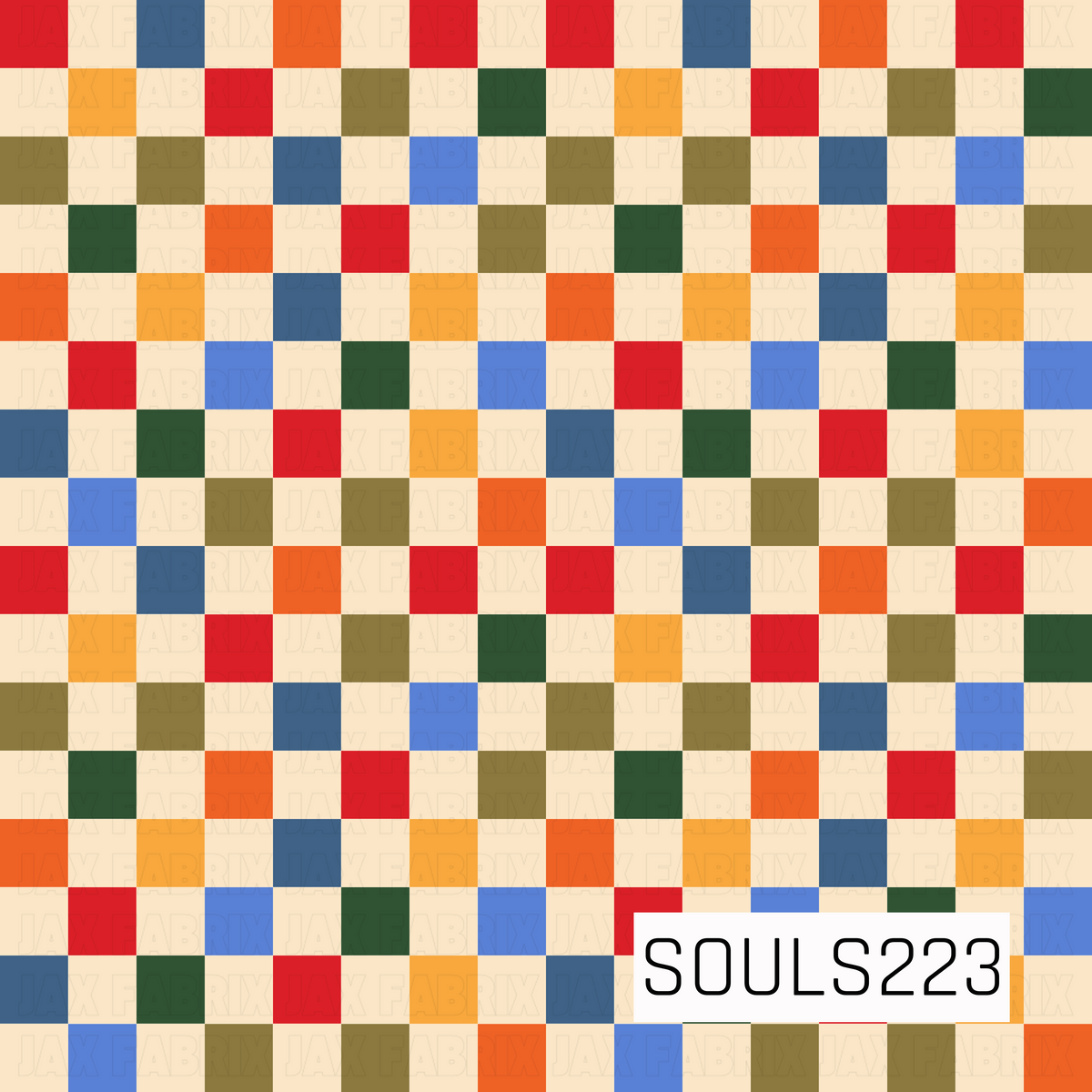 A playful retro checkerboard pattern featuring a mix of red, orange, golden yellow, olive, forest green, navy, and periwinkle blue squares scattered across a warm cream background. The irregular color placement gives it a fun, vintage-inspired patchwork feel.