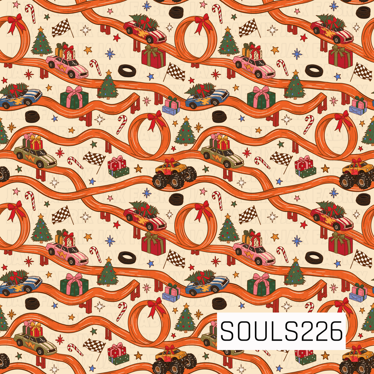 A playful retro Christmas racing pattern featuring winding orange racetracks with loops and curves, filled with vintage-style race cars and monster trucks carrying Christmas trees and stacks of presents. Festive details like checkered flags, candy canes, decorated trees, wrapped gifts, loose tires, red bows, and colorful starbursts are scattered throughout the warm cream background, creating a nostalgic toy-racetrack look with a fun holiday twist.