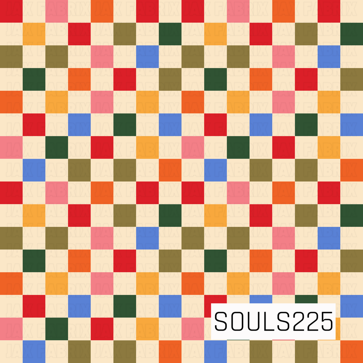 A playful retro checkerboard pattern featuring colorful squares in bright red, coral pink, orange, golden yellow, olive green, forest green, and periwinkle blue. Warm cream squares break up the bold colors, creating a fun vintage-inspired grid with a nostalgic holiday feel.