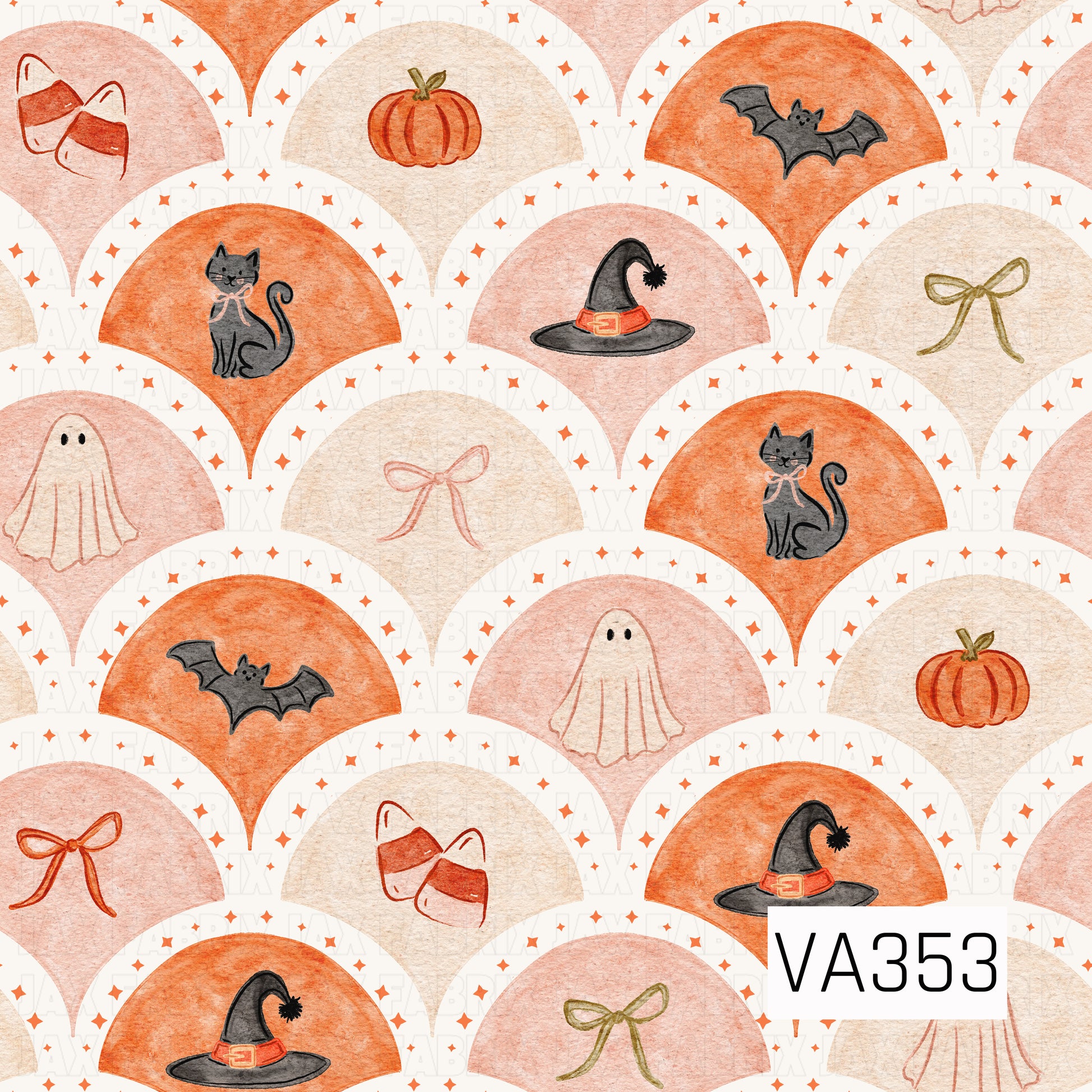 A whimsical Halloween pattern featuring scalloped arches filled with watercolor pumpkins, black cats, friendly ghosts, bats, witch hats, candy corn, and delicate bows in shades of orange, blush pink, cream, black, and olive green. Tiny orange stars scattered throughout add a soft vintage touch against the warm cream background.
