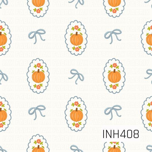A charming fall pattern featuring orange pumpkins framed by coral flowers and green leaves inside blue scalloped medallions, alternating with delicate blue bows on an ivory background.
