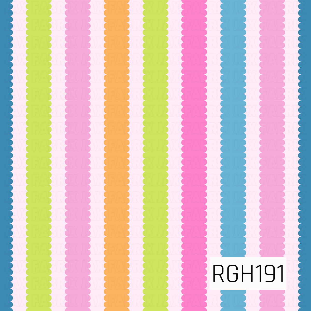 A bright and playful vertical stripe pattern featuring scalloped edges in vibrant shades of hot pink, bubblegum pink, lime green, sunny orange, and blue. The colorful stripes alternate with a soft blush pink background, creating a fun, retro-inspired design with a cheerful, whimsical feel.