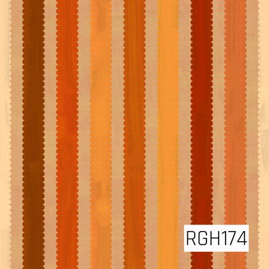 A warm, retro-inspired stripe pattern featuring vertical bands of rich burnt orange, rusty red, golden mustard, terracotta, and deep caramel brown against a soft, creamy beige background. Each colorful stripe features playful scalloped edges with repeating rounded curves, creating a charming, decorative look. Subtle distressed textures and softly faded color variations give the design a vintage, hand-painted appearance, while the earthy autumn tones add a cozy, nostalgic feel.