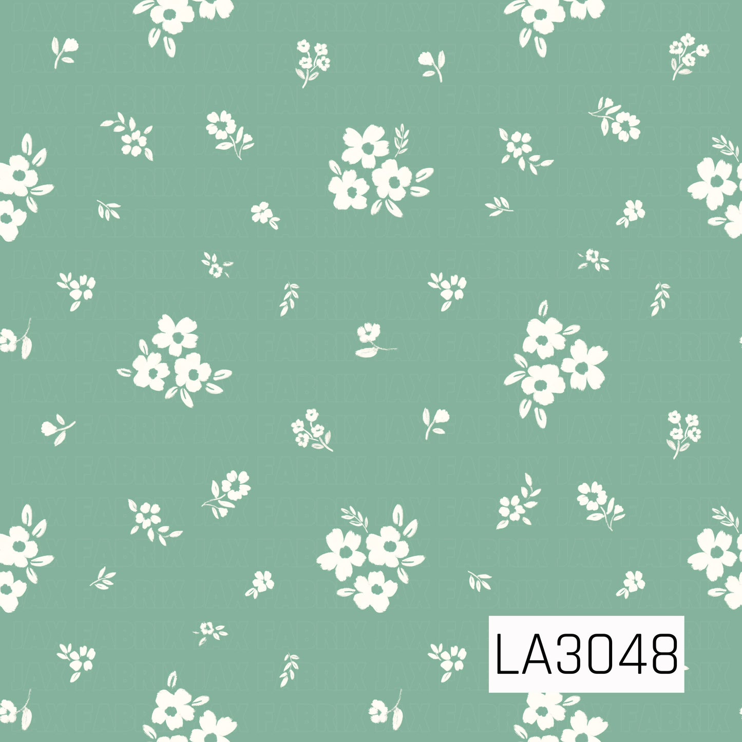A delicate scattered floral featuring creamy white blossoms, tiny flower clusters, and petite leafy sprigs on a soft sage green background. The airy layout and slightly textured, hand-painted shapes give it a sweet vintage cottage feel.

