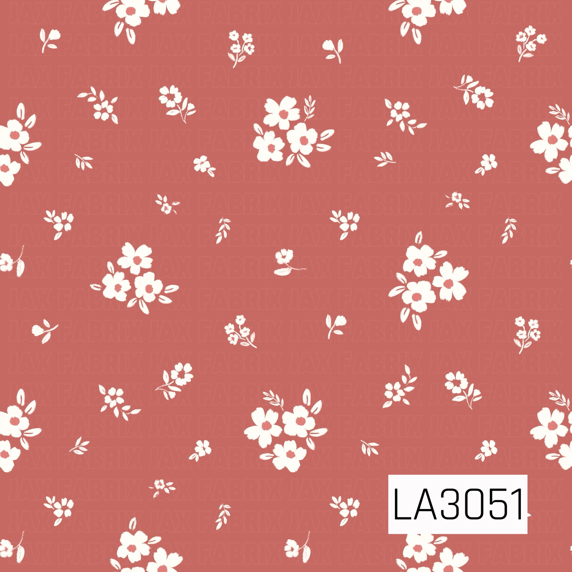 A charming scattered floral featuring creamy white blossoms, tiny posies, and delicate leafy sprigs on a warm terra cotta background. The simple hand-painted styling and airy spacing create a sweet vintage cottage look.
