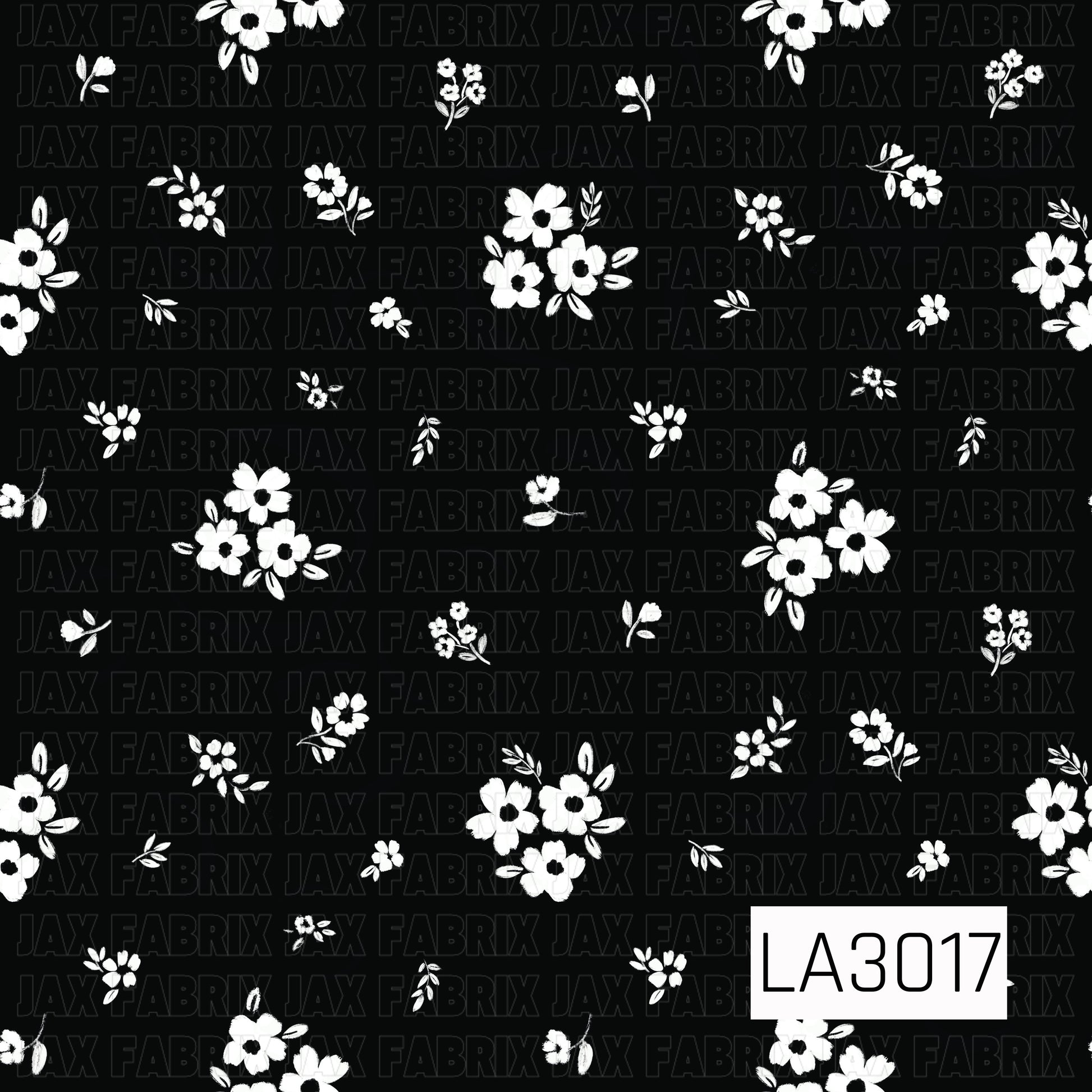 A black background with scattered white florals and tiny leafy sprigs, giving it a simple, sweet, and timeless look.
