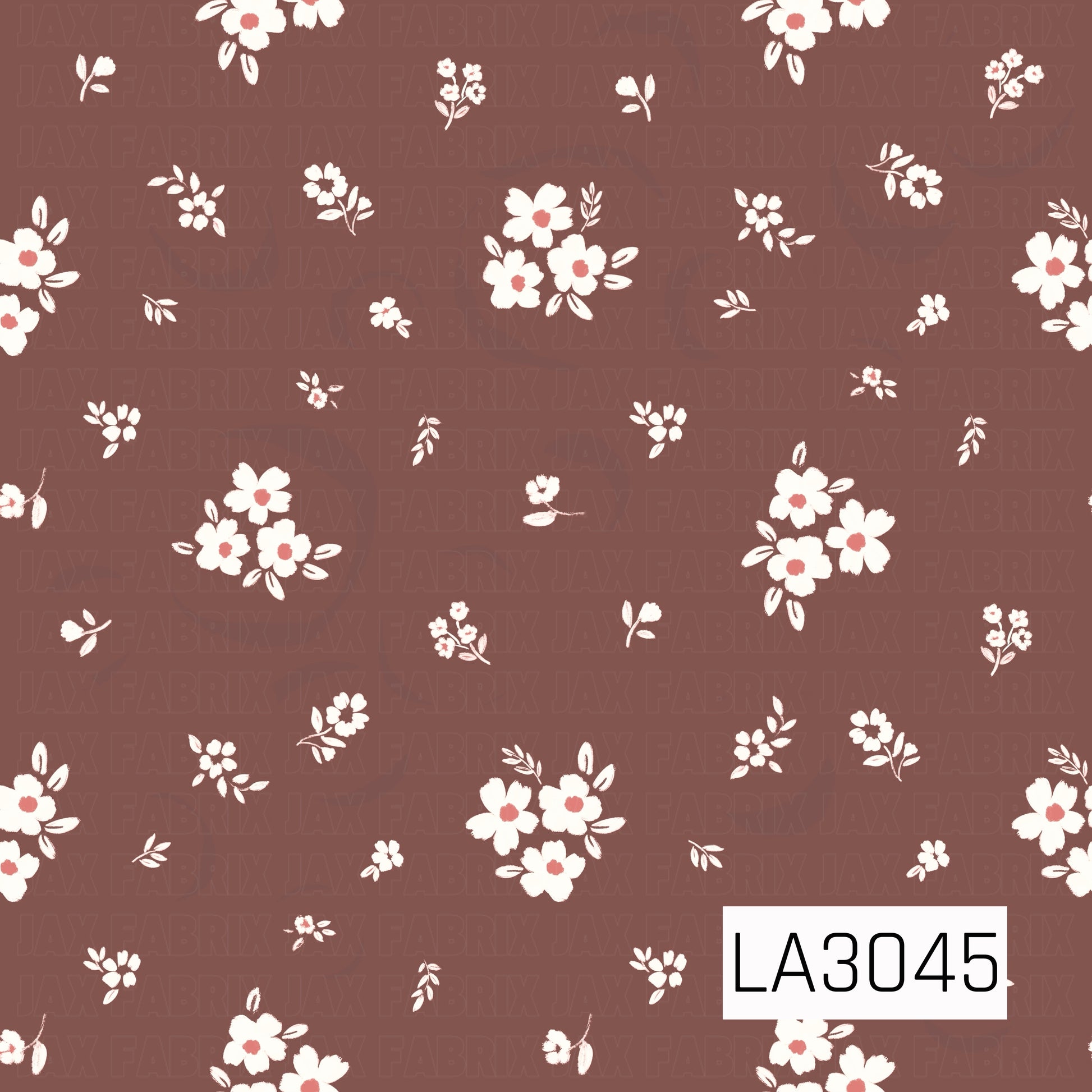 A charming scattered floral featuring creamy white blossoms, petite flower clusters, and delicate leafy sprigs across a warm walnut brown background. The airy spacing and hand-painted texture give it a sweet, understated vintage feel.
