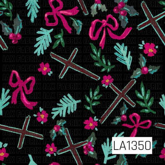 This seamless design features rustic hand-drawn crosses surrounded by bright berry pink bows, coordinating pink florals, holly berries, evergreen sprigs, and leafy greenery. Burgundy, vibrant pink, teal, and green accents pop against the black background for a festive Christmas look with a faith-inspired touch.
