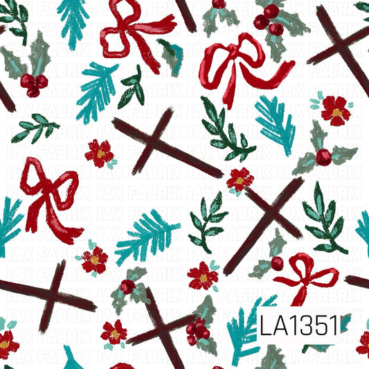 This seamless design features rustic hand-drawn crosses paired with classic red bows, holly berries, small red florals, evergreen sprigs, and leafy greenery. Deep burgundy, red, teal, and green accents stand out against the crisp white background for a festive Christmas design with a faith-inspired touch.
