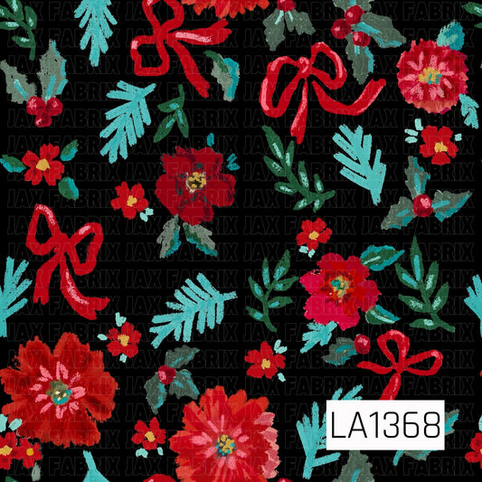 This seamless floral design features vibrant red blooms, whimsical hand-drawn bows, and scattered botanical greenery on a black background. Bright aqua foliage, deep green leaves, red berries, and small golden yellow accents create a bold, festive look.
