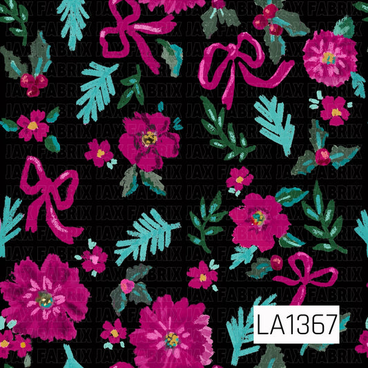 This seamless floral design features bold berry pink blooms, whimsical hand-drawn bows, and scattered greenery on a black background. Bright aqua foliage and touches of deep green, pink, and golden yellow give it a playful, colorful holiday-inspired look.
