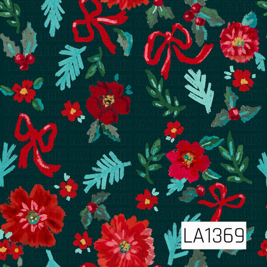 This seamless floral design features vibrant red blooms, whimsical hand-drawn bows, and scattered botanical accents on a deep teal green background. Aqua foliage, layered green leaves, red berries, and touches of golden yellow give the pattern a bold, colorful feel.
