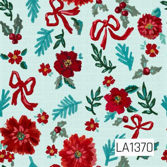 This seamless floral design features vibrant red blooms, whimsical hand-drawn bows, and scattered botanical accents on a soft mint background. Teal foliage, deep green leaves, red berries, and touches of golden yellow create a playful, colorful contrast.
