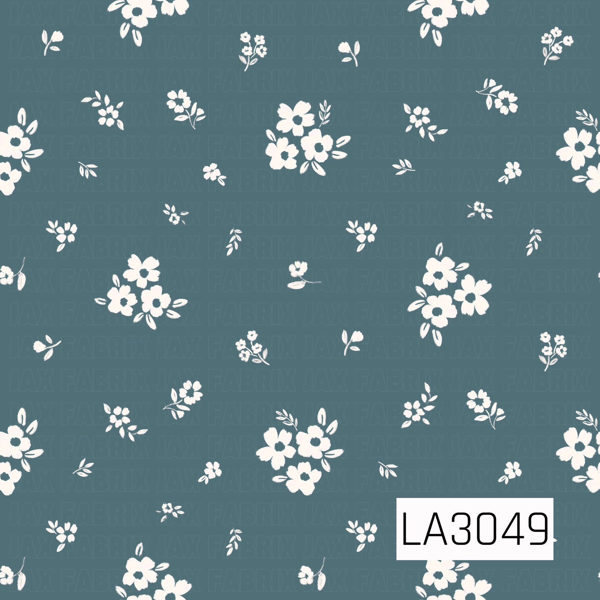 A delicate scattered floral featuring creamy white blossoms, tiny flower clusters, and petite leafy sprigs on a muted dusty blue background. The airy spacing and softly textured, hand-painted shapes give it a sweet vintage cottage feel.
