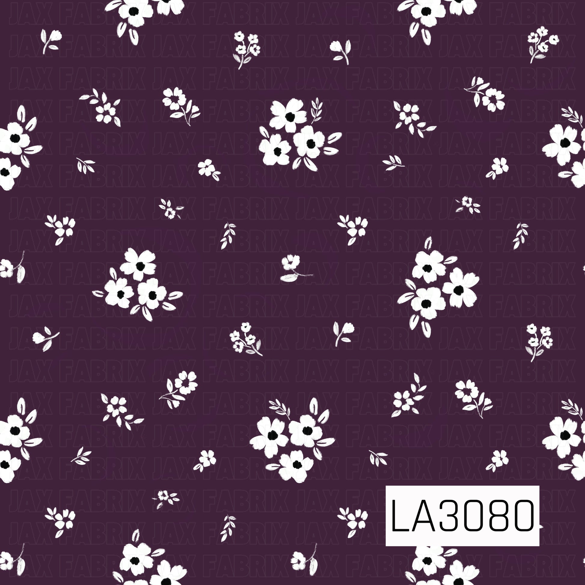 A delicate scattered floral pattern featuring crisp white blossoms, tiny flower clusters, and leafy sprigs on a deep plum-purple background. The airy arrangement and softly hand-painted texture give it a charming vintage cottage feel with a rich, dramatic contrast.
