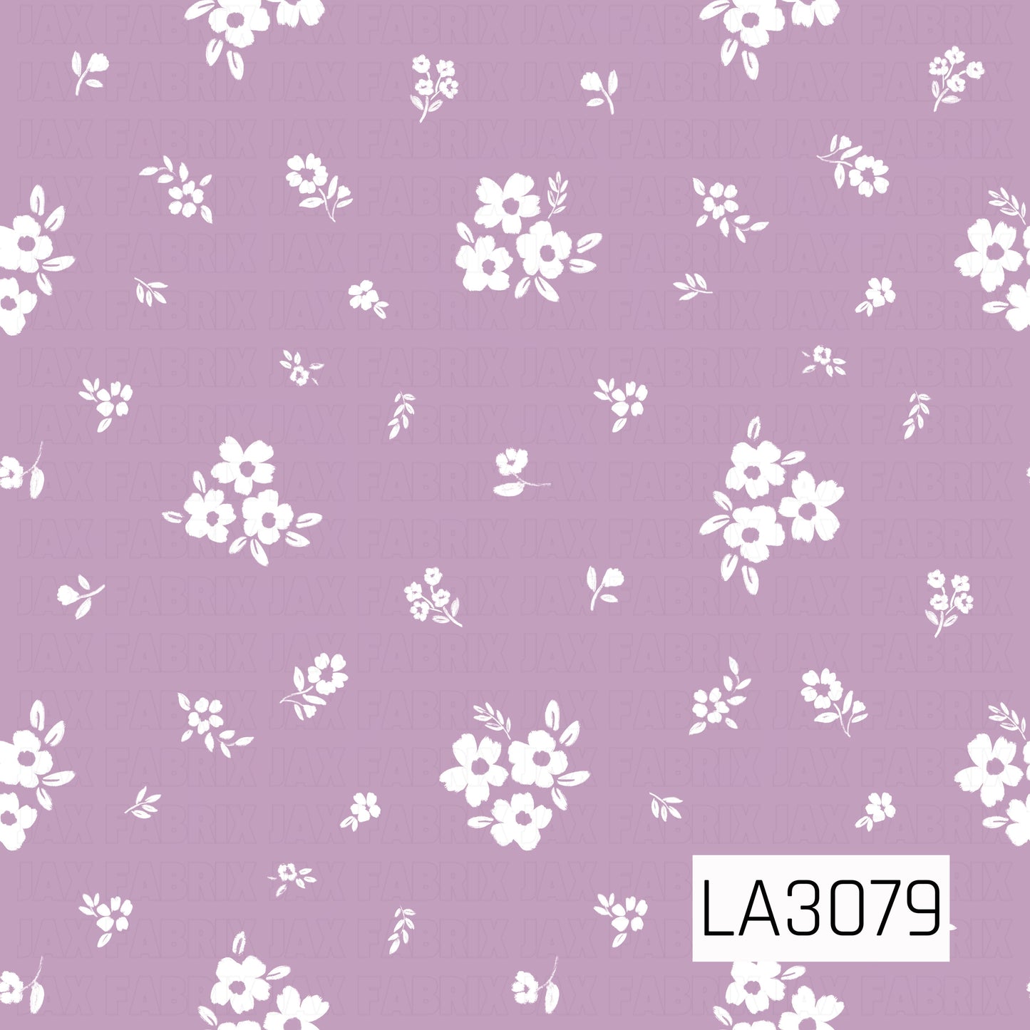 A delicate scattered floral pattern featuring white blossoms, petite flower clusters, and leafy sprigs on a soft dusty mauve-purple background. The airy spacing and lightly hand-painted texture create a sweet, vintage cottage-inspired look.
