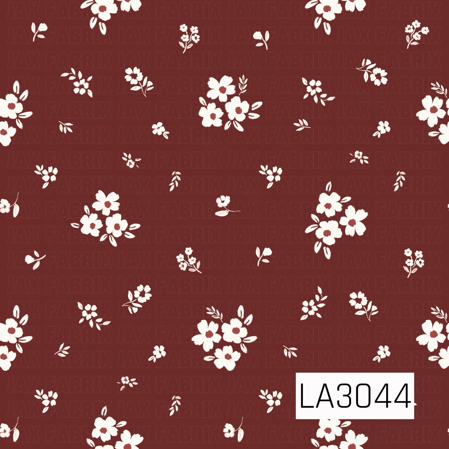 A charming scattered floral featuring creamy white blossoms, petite flower clusters, and delicate leafy sprigs across a rich raisin red background. The airy spacing and hand-painted texture give it a sweet vintage cottage feel.
