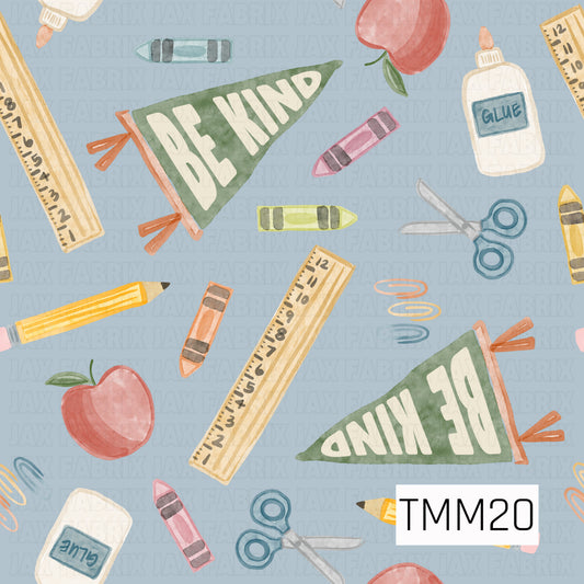 A playful watercolor pattern featuring school supplies, apples, crayons, scissors, rulers, glue bottles, paper clips, and “Be Kind” pennants scattered across a blue lbackground. Perfect for back-to-school, teacher gifts, and classroom-inspired creations. 
