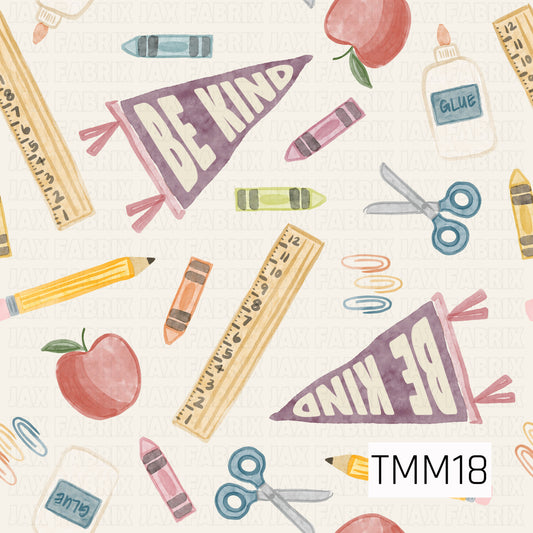 A playful watercolor pattern featuring school supplies, apples, crayons, scissors, rulers, glue bottles, paper clips, and “Be Kind” pennants scattered across a cream lbackground. Perfect for back-to-school, teacher gifts, and classroom-inspired creations. 
