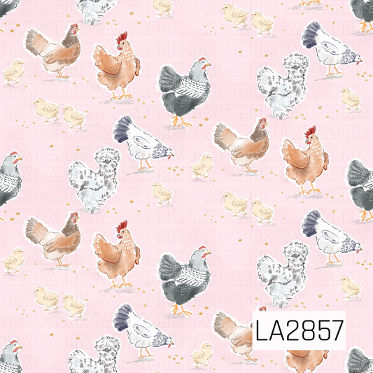 Pink Chicken Design. clack and white chickens, browns chickens and baby yellow chicks
