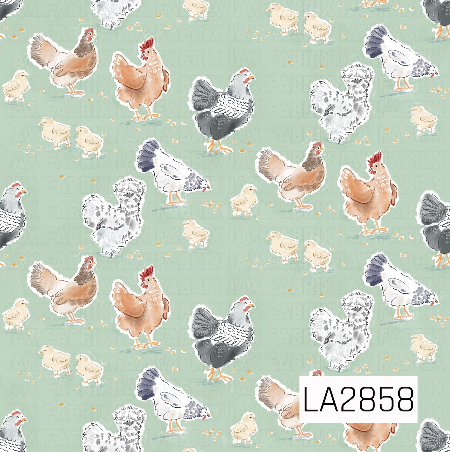 Light sage Chicken Design. clack and white chickens, browns chickens and baby yellow chicks